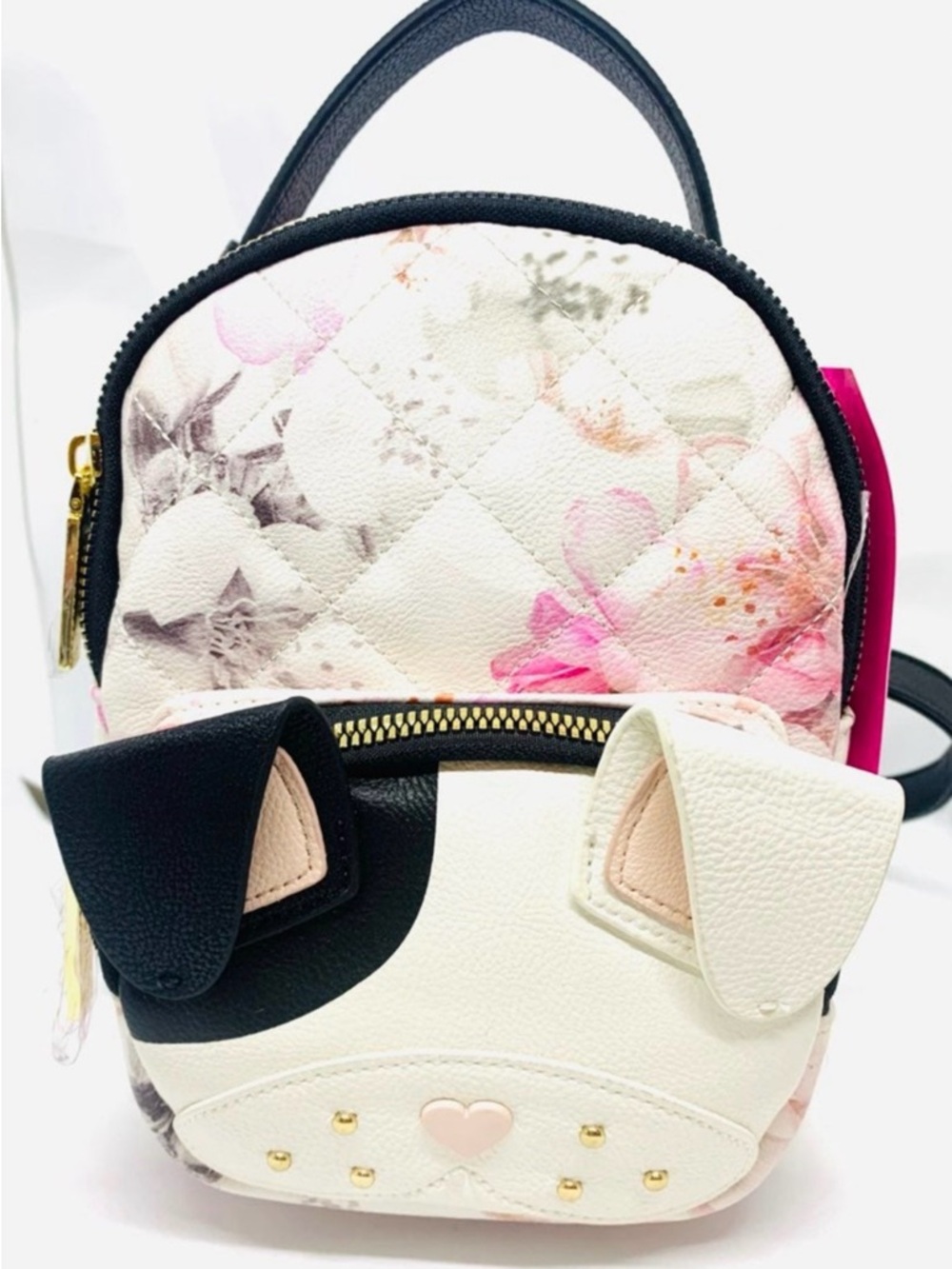 Betsey Johnson White & Pink Floral Quilted Mini Backpack with Ear Detail